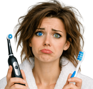 “Confused woman in a white bathrobe holding an electric toothbrush in one hand and a manual toothbrush in the other, with messy hair, heterochromatic eyes (one blue, one green), and a puzzled frown against a blurred bathroom background.”