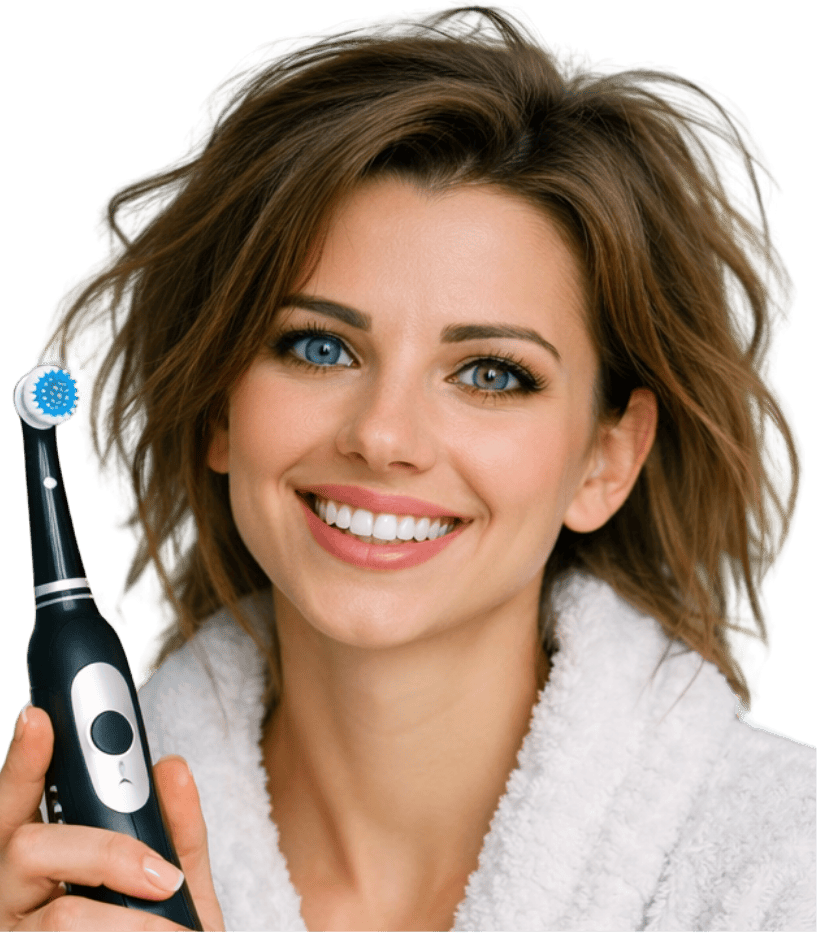 A WOMAN HOLDING ELECTRIC TOOTHBRUSH AND SHE IS HAPPY