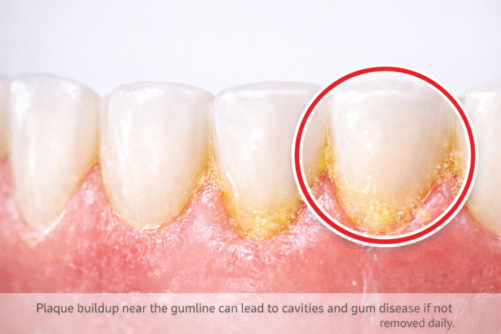 Visible plaque on teeth demonstrating why proper brushing and flossing are important