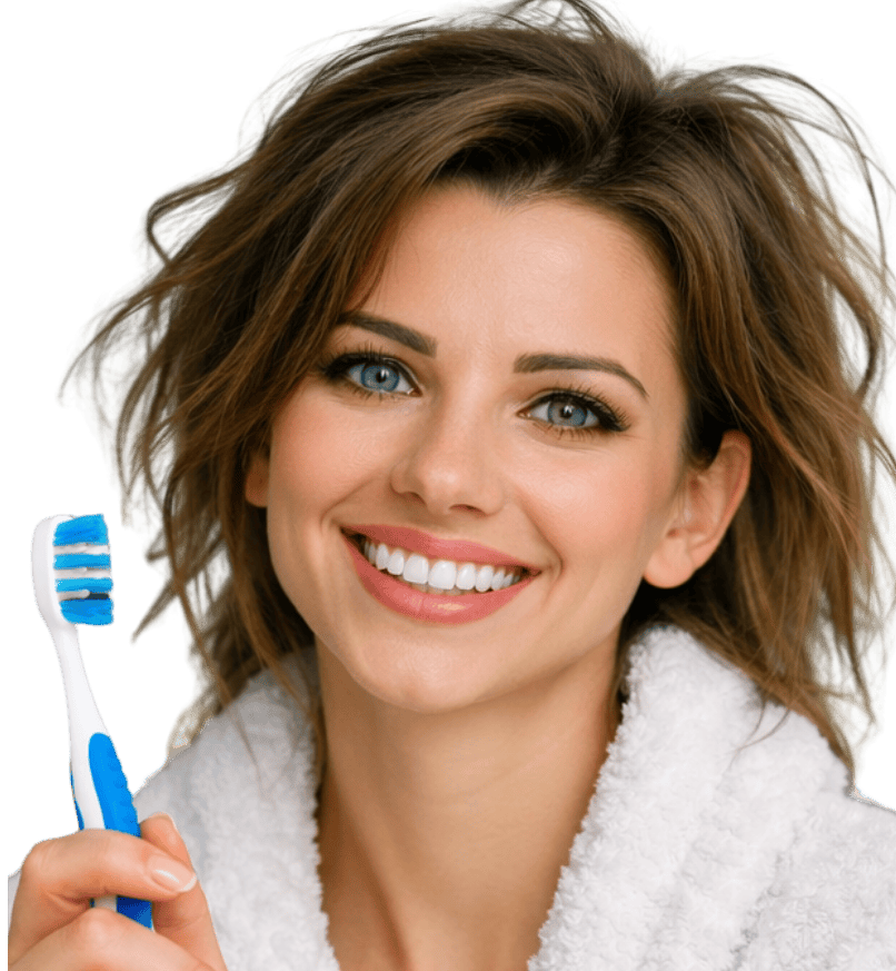 “a woman in a white bathrobe holding an manual toothbrush in one hand.”