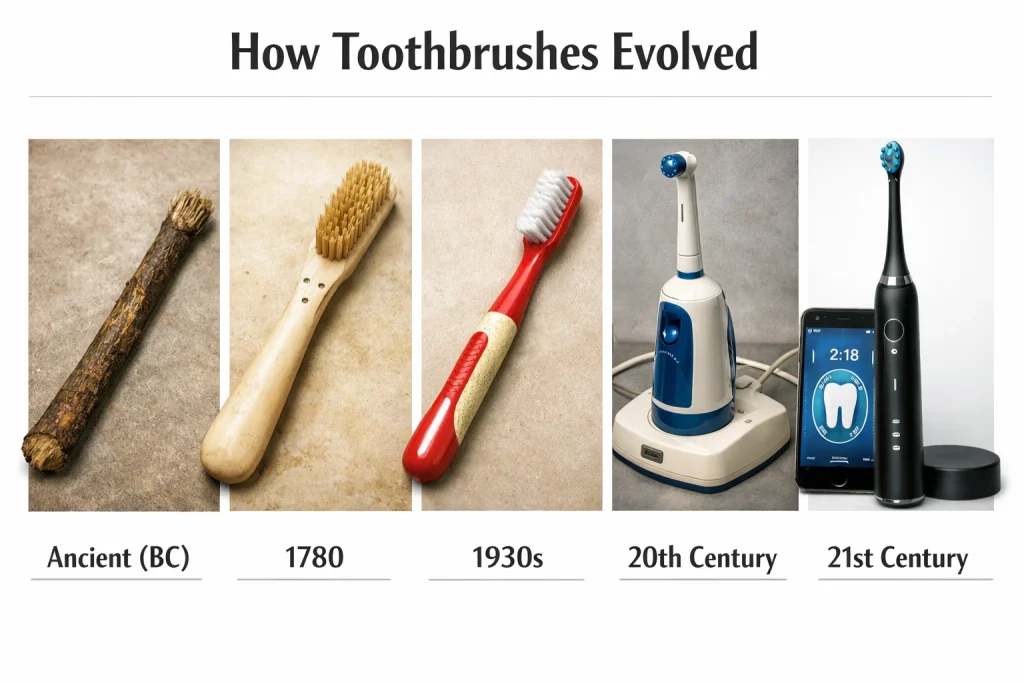 Timeline showing toothbrush evolution from ancient chew sticks to modern smart toothbrushes