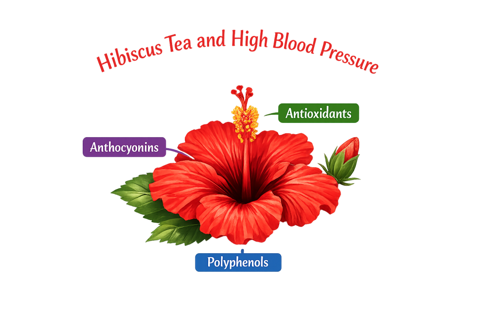 “Is Hibiscus Tea Good for High Blood Pressure – labeled hibiscus flower showing anthocyanins, antioxidants, and polyphenols, natural remedy for hypertension, best tea for lowering blood pressure.”