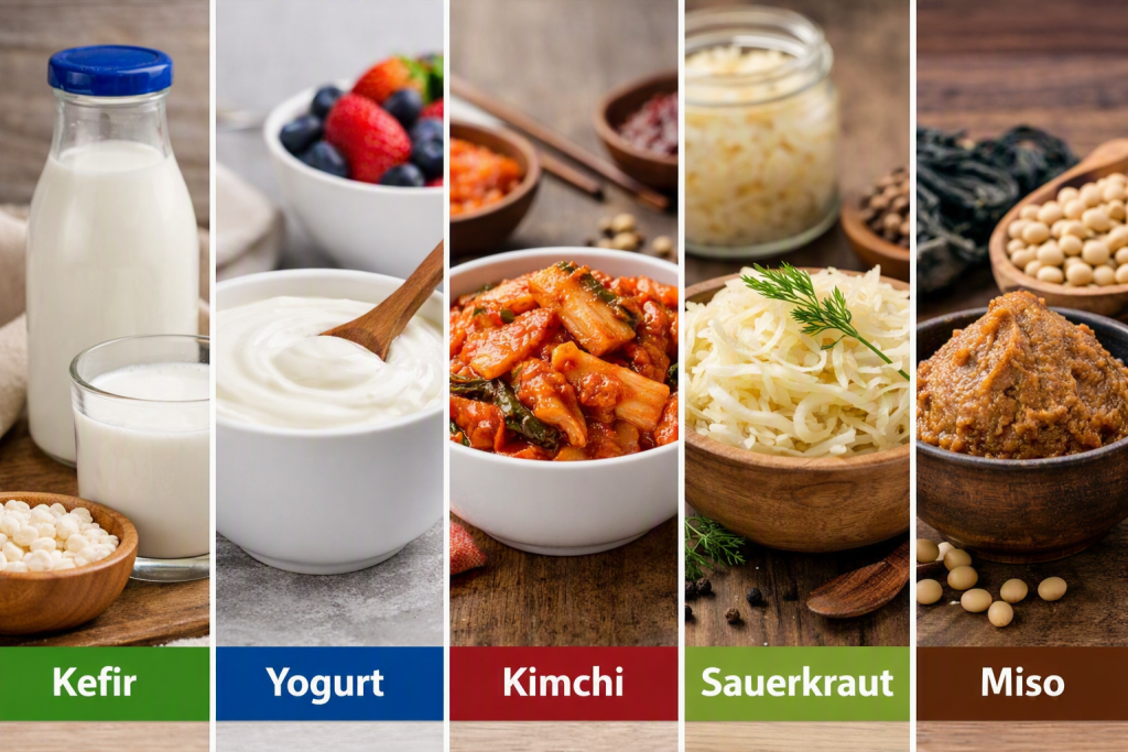 Split‑screen composite showing five probiotic foods — kefir, yogurt, kimchi, sauerkraut, and miso — each in a labeled panel with realistic textures and natural lighting, representing diverse sources of beneficial gut bacteria.