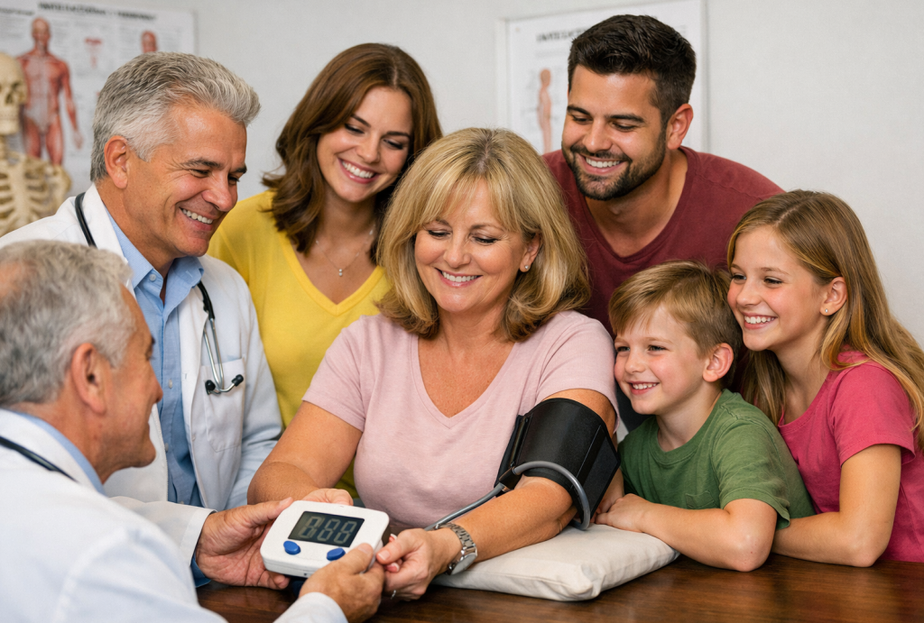 older-woman-at-doctors-office-measuring-blood-pressure-surrounded-by-happy-family