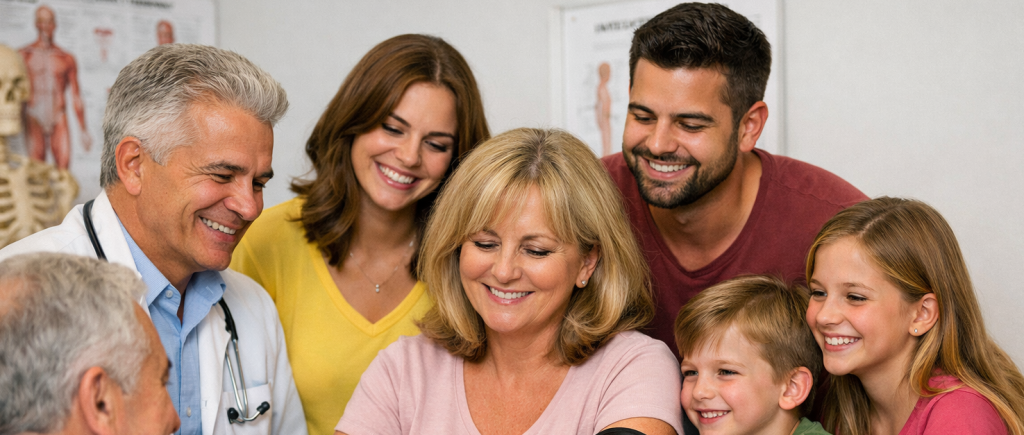 a whole family learning health tips from a family doctor