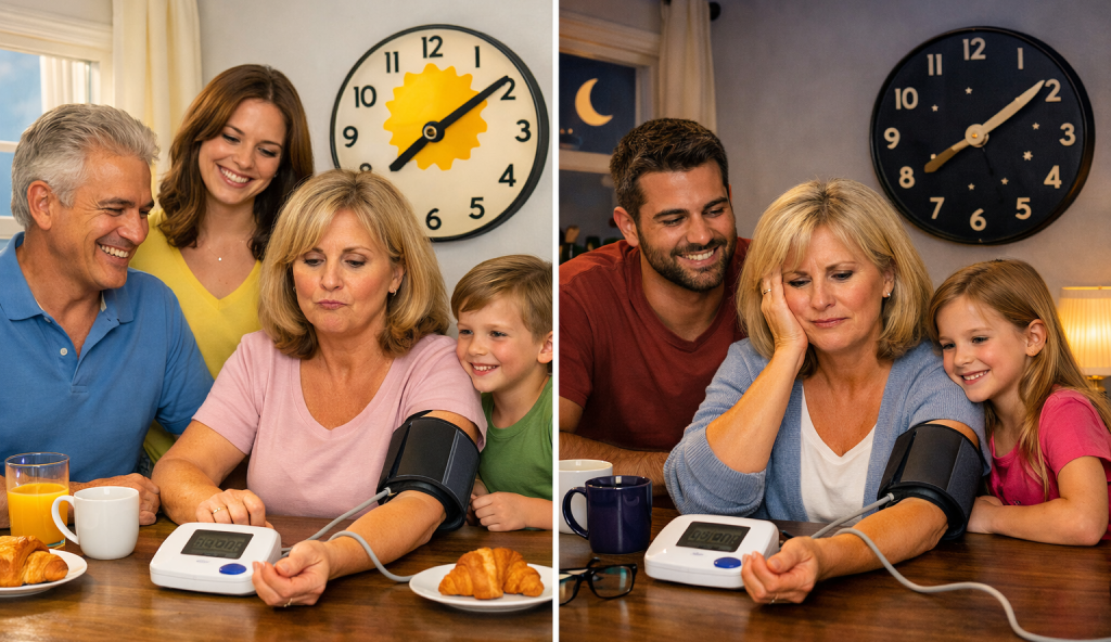 Realistic-older-woman-measuring-blood-pressure-with-family-showing-varied-facial-expressions-morning-and-evening-scenes-same-family-members-in-both-scenes-vibrant-room-colors-wall-clock-visible