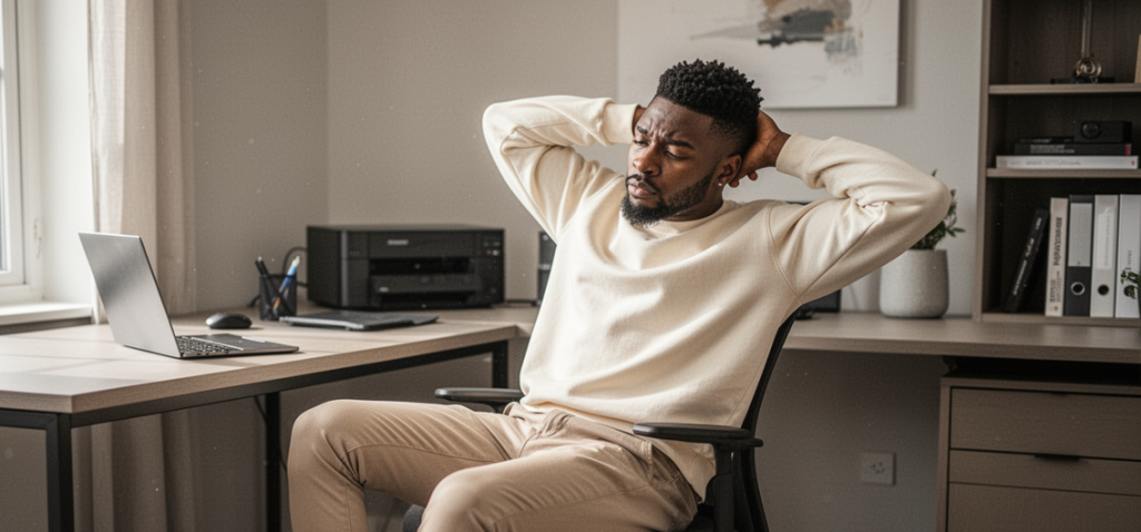 a tired man working remotely