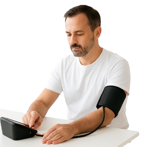 Person taking blood pressure at home using a digital arm cuff on a wooden table