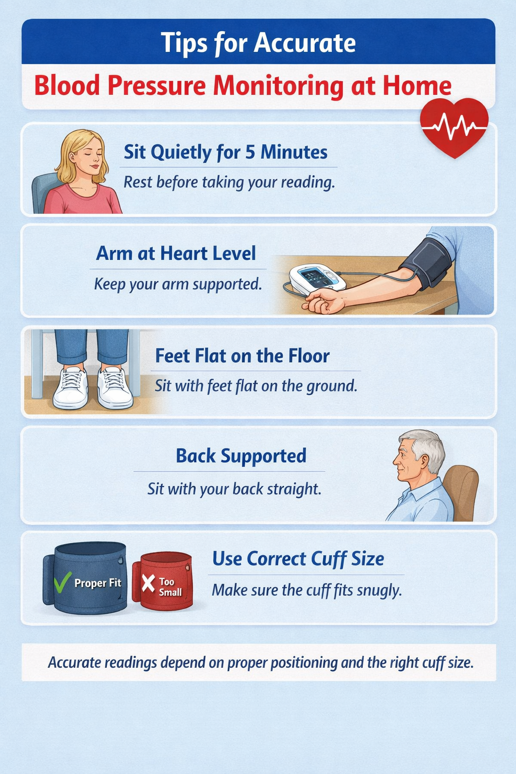 Steps in taking blood pressure at home correctly for accurate results