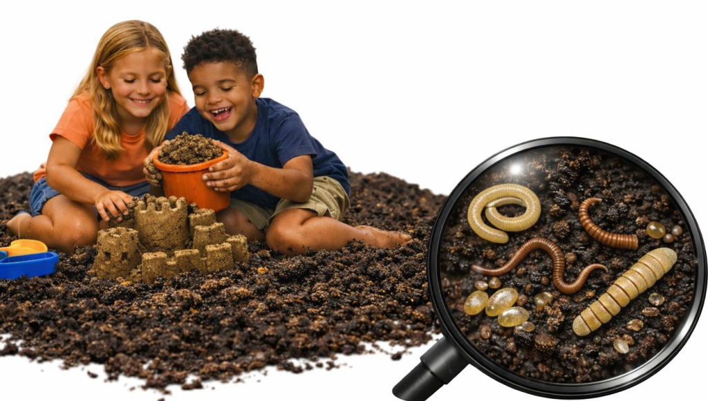 Children kneeling building a sandcastle in warm sunlight; magnifying glass zoom shows helminths — Ascaris, Trichuris, and Taenia — in dark, moist soil.