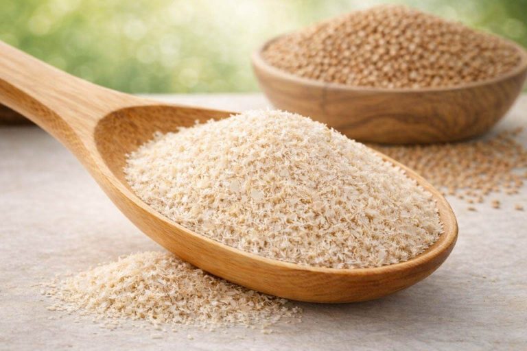 Sat Isabgol psyllium husk close up showing fine soluble fiber flakes for digestion and constipation relief