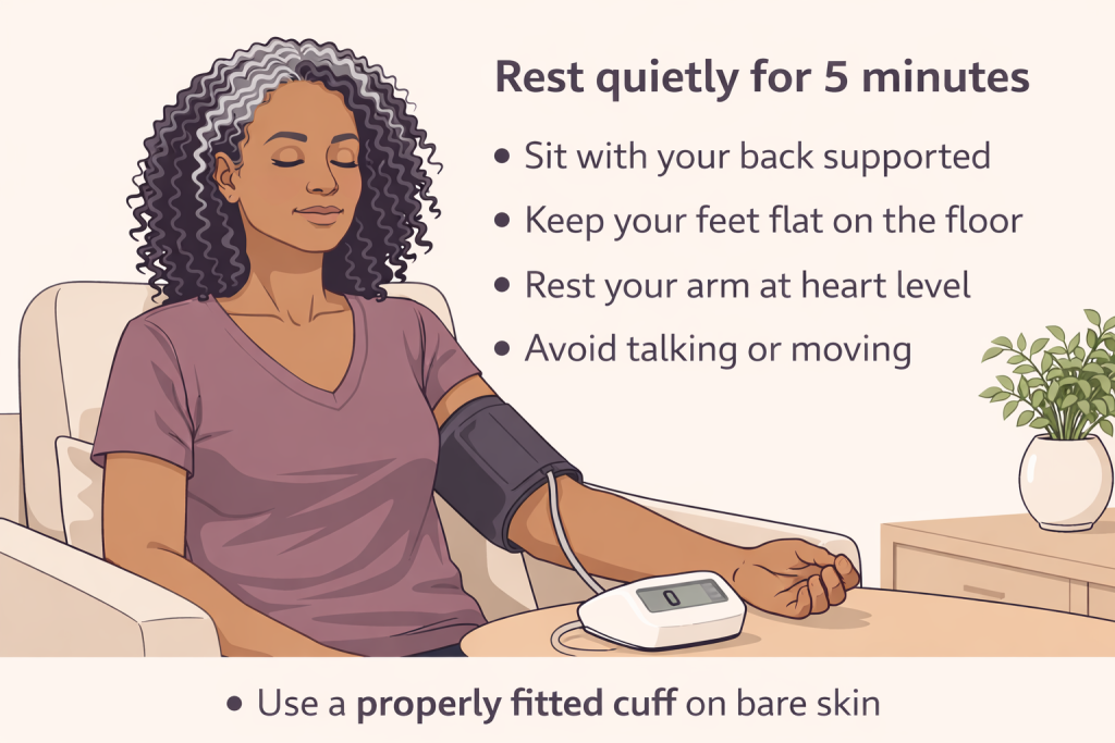 Illustration showing proper way to measure blood pressure — resting quietly, sitting with back supported, feet flat on floor, arm at heart level, no talking or moving, and cuff fitted on bare skin.