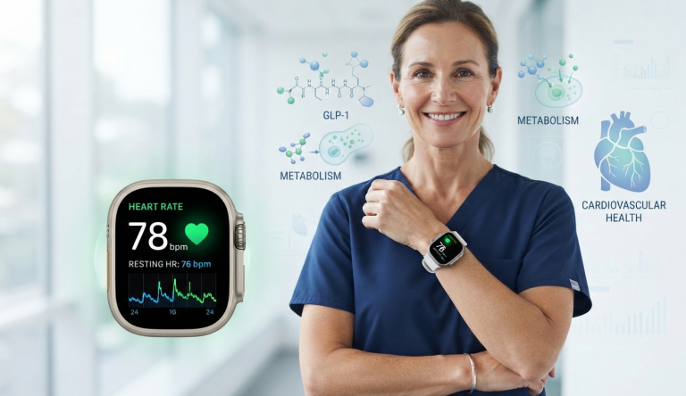 "A professional medical illustration showing a person wearing a modern smartwatch displaying heart rate data. Include subtle elements representing GLP-1 medication, metabolism, and cardiovascular health. Clean white clinical background, realistic style, trustworthy healthcare magazine appearance, blue and green medical tones, high resolution, suitable for a physician health