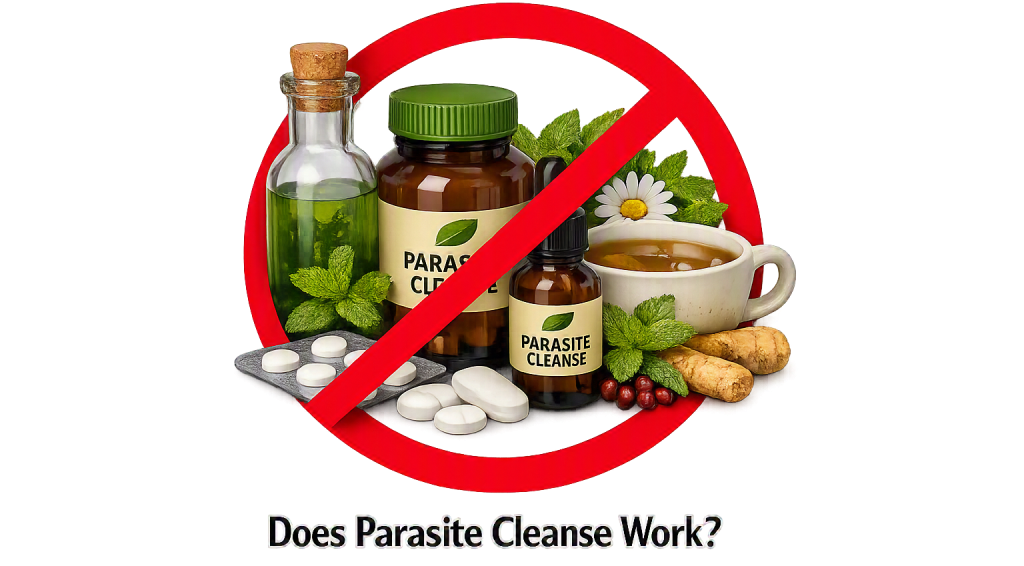 Realistic photo-style illustration showing herbal parasite cleanse bottles, tea, lemon, ginger, and mint crossed out with a red circle and diagonal line, with text reading Does Parasite Cleanse Work?