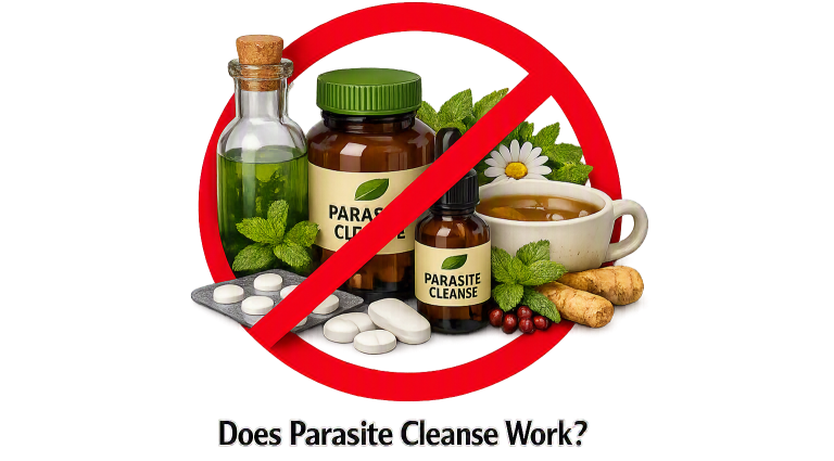 Realistic photo-style illustration showing herbal parasite cleanse bottles, tea, lemon, ginger, and mint crossed out with a red circle and diagonal line, with text reading Does Parasite Cleanse Work?