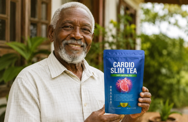 a man holding cardio slim tea and he is smiling