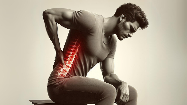 3D illustration of a man sitting and clutching his lower back with a glowing red highlighted spine indicating severe pain.